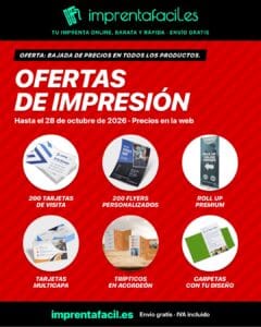 Ofertas de impresión en Imprenta Fácil hasta el 28 de octubre: tarjetas de visita, flyers, roll up publicitario, tarjetas multicapa, trípticos en acordeón y carpetas